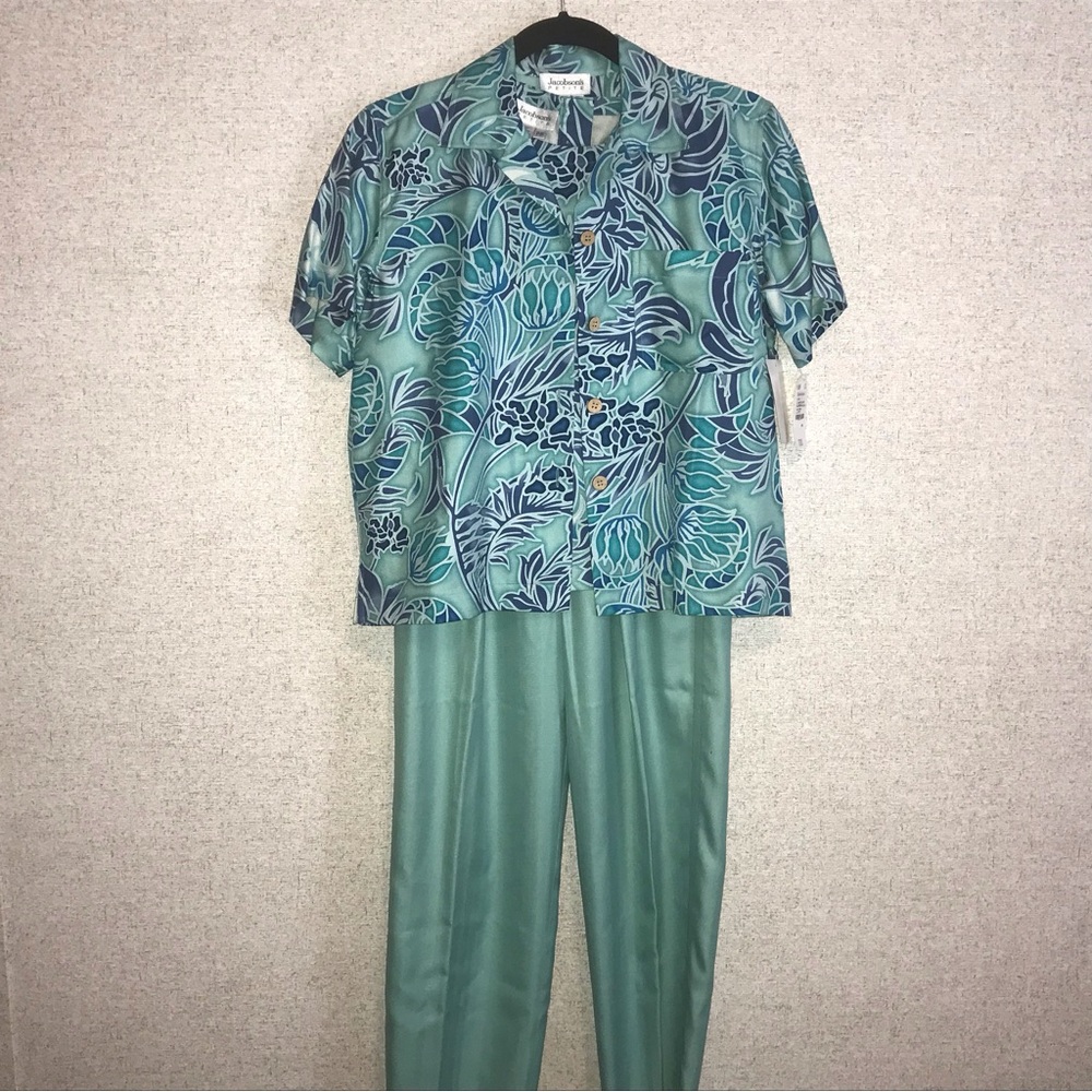 Jacobsons 3 Pc Top Tank Pants Blue Floral 100% Silk Outfit Sz P/P 6P NWT Vintage